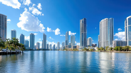 Naklejka premium vibrant city skyline reflecting on calm waters under bright blue sky