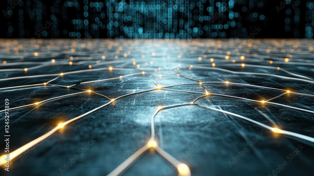 Poster futuristic digital landscape with glowing lines and data patterns
