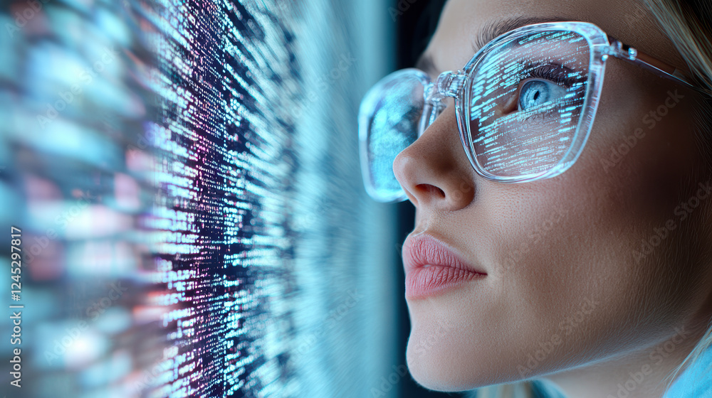 Poster close up of data scientist analyzing digital information with focus