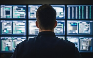 A professional monitors multiple screens displaying data and graphics, highlighting the integration of technology in modern workspaces.