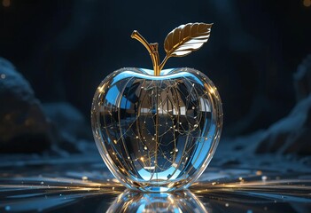 A glass apple with a golden stem and leaf, glowing white and black hues, surrounded by a dimly lit environment