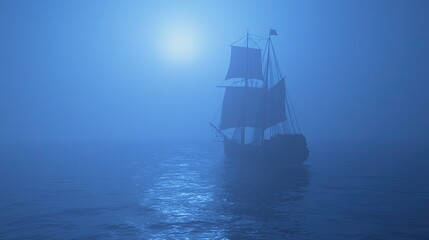A sailing ship glides through a misty blue ocean