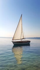 Fototapeta premium Sailboat at calm lake, clear water, sunrise, travel