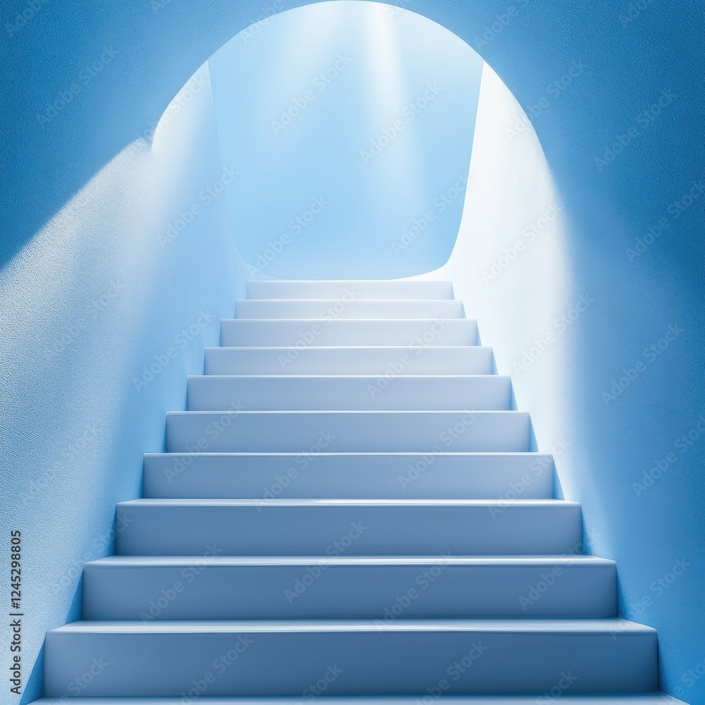 Poster a serene and modern staircase illuminated by soft light, leading towards a bright archway in a minim