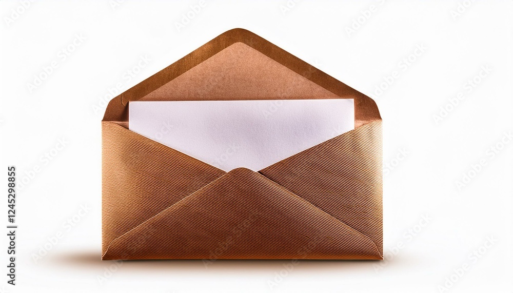 Poster envelope isolated on white background. open brown envelope with an inserted letter visible, highligh