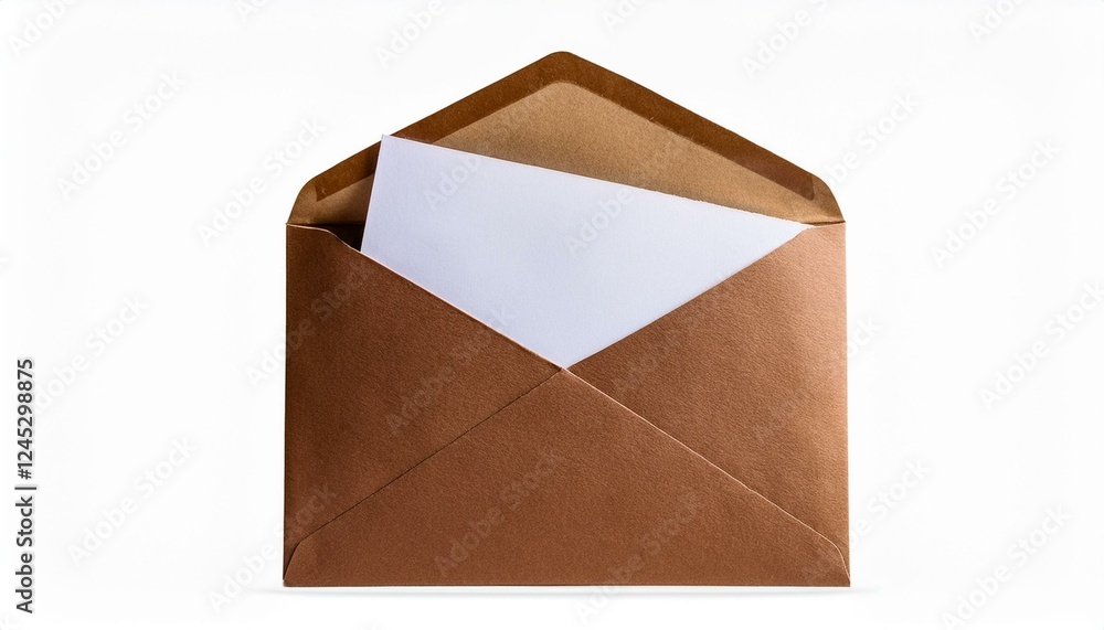 Poster envelope isolated on white background. open brown envelope with an inserted letter visible, highligh