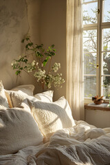 Cozy Bedroom with Fluffy Pillows and Sunlight Streaming Through the Window