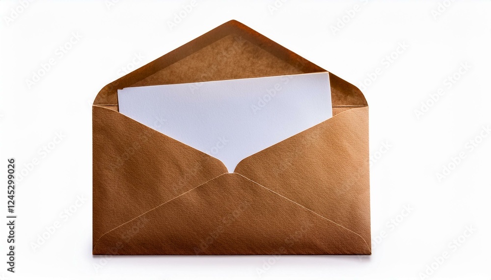 Poster envelope isolated on white background. open brown envelope with an inserted letter visible, highligh