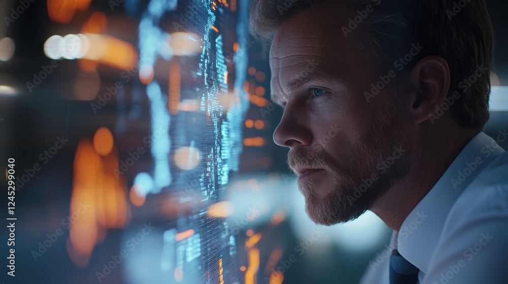 Poster a focused professional analyzes digital data on a transparent screen, illuminated by vibrant hologra