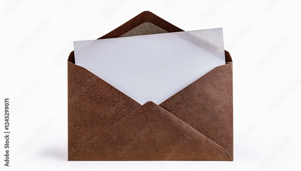 Poster envelope isolated on white background. open brown envelope with an inserted letter visible, highligh