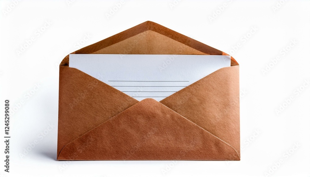 Poster envelope isolated on white background. open brown envelope with an inserted letter visible, highligh