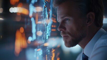 A focused professional analyzes digital data on a transparent screen, illuminated by vibrant holographic displays in a modern tech environment.