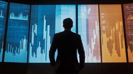 A silhouette of a person in a suit stands before large screens displaying colorful financial data and stock market graphs.