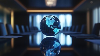 A glowing globe sits centered in a modern conference room, reflecting light, symbolizing global connections and collaboration.