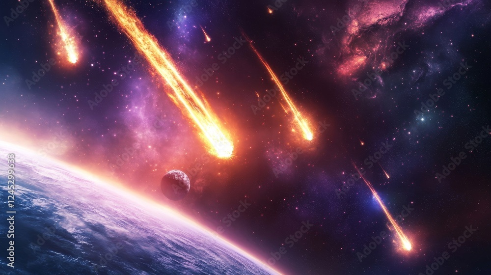 Poster spectacular meteor shower over distant planet in deep space