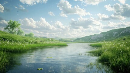 Obraz premium Serene River Landscape: A Picturesque Vista of Tranquil Waters and Lush Meadows Under a Summer Sky