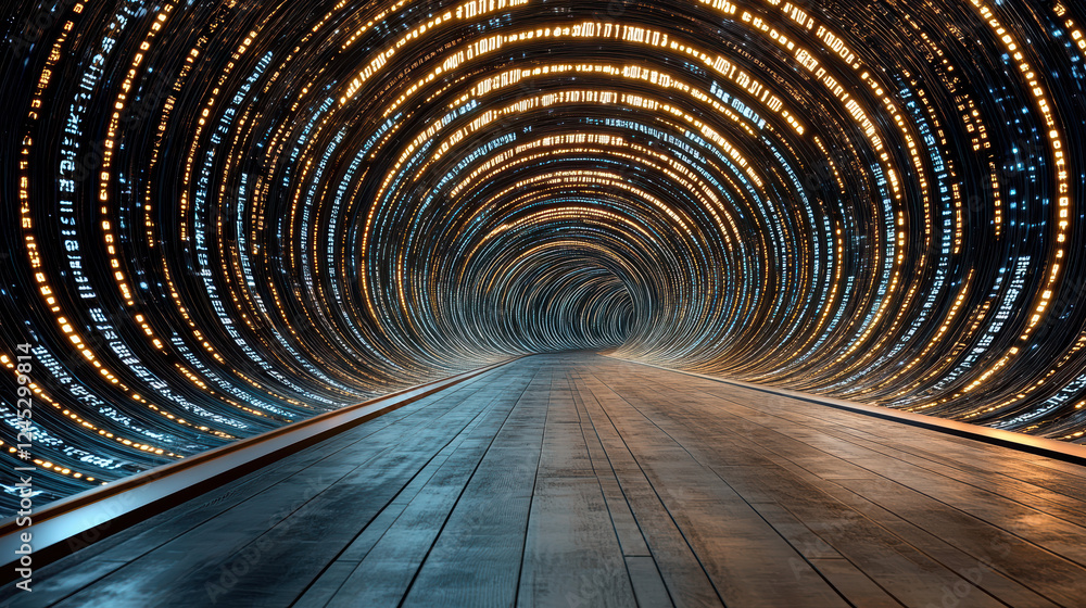 Poster futuristic tunnel with glowing lights and digital patterns creates dynamic atmosphere