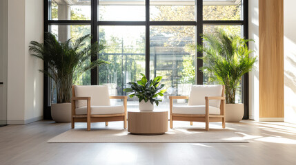 Cozy seating area with plants and natural light in modern space