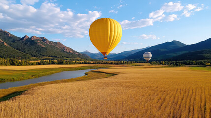 Obraz premium fleet of hot air balloons floating over golden fields and mountains