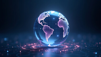 A spinning holographic globe with futuristic digital data streams flowing around it, representing global connectivity, artificial intelligence, and high-tech networking in an ultra-modern world.