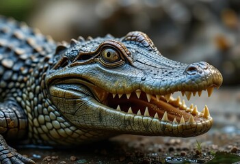 Obraz premium A close-up photo of a crocodile's eye, showing intricate details and vibrant colors.