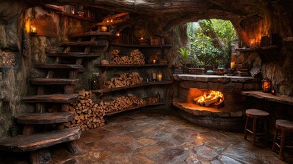Rustic cave home interior with fireplace, shelves, and jungle view