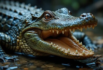 Obraz premium A close-up photo of a crocodile's eye, showing intricate details and vibrant colors.