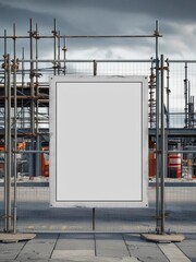 Empty Portrait Billboard on Site Fence – Industrial Background with Cloudy Sky & Urban Ambience