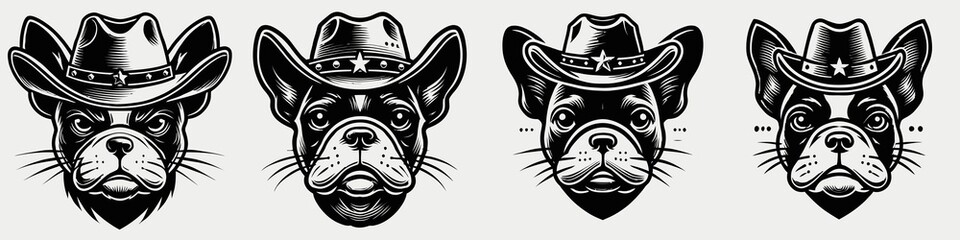 Obraz premium The image features four stylized dog heads donning cowboy hats, showcasing a playful and artistic design.