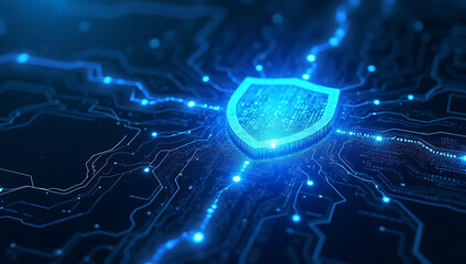 A dynamic animation visualizing cyber security and data protection, featuring a glowing firewall shield surrounded by encrypted digital codes and virtual defense layers