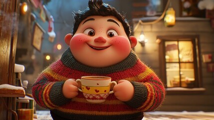 A heartwarming depiction of a cheerful, chubby boy joyfully embracing the cozy ambiance of a winter evening, while gently holding a steaming mug of hot chocolate.