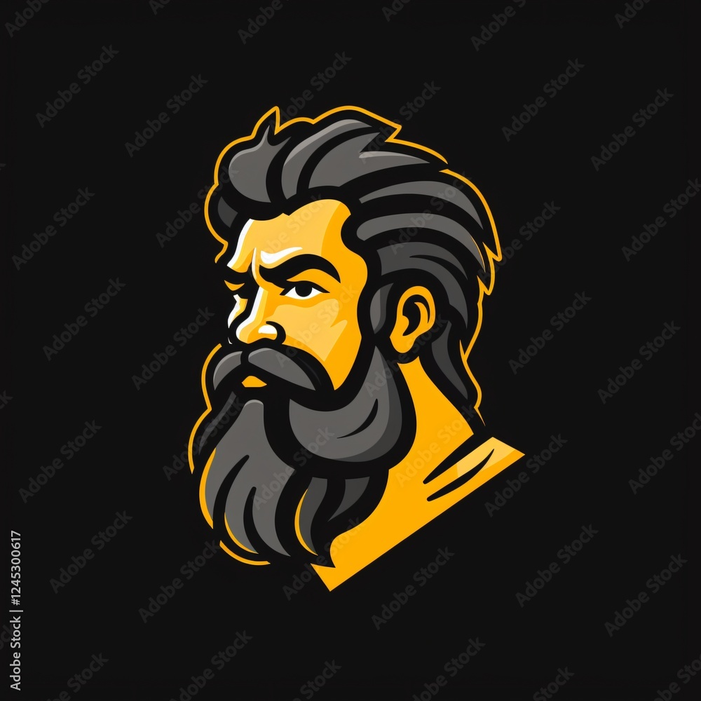Poster bold and striking graphic design of a bearded man with a confident expression on a dark background. 