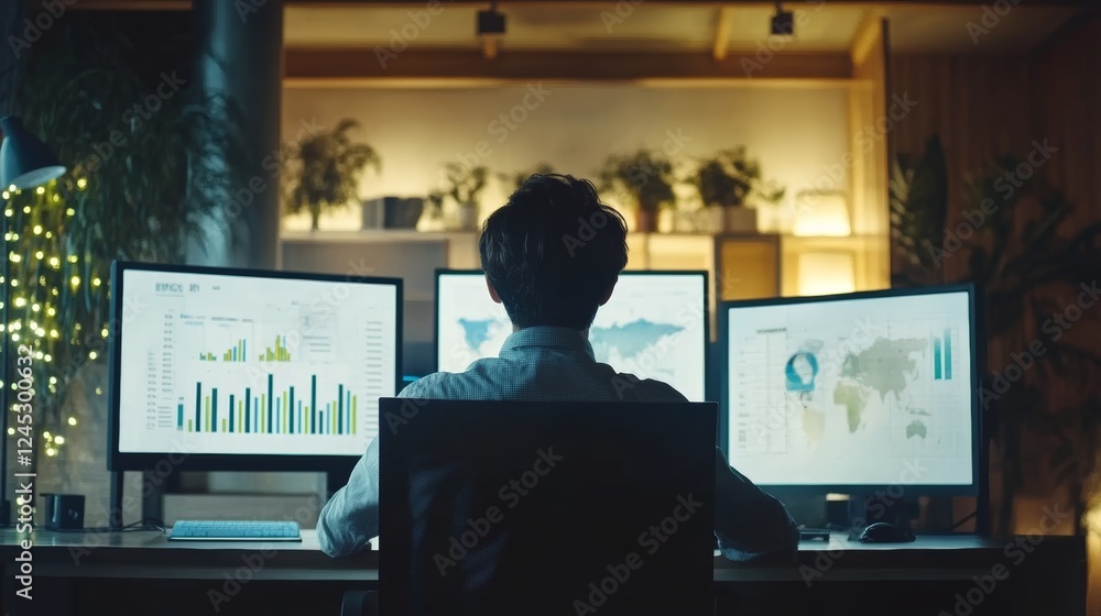 Poster a person analyzes data on multiple screens in a modern workspace, surrounded by plants and ambient l