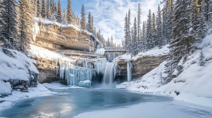 Fototapeta premium Frozen waterfall in snowy canyon, winter landscape, travel