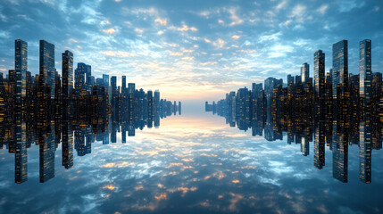 Futuristic cityscape with mirrored skyline and vibrant clouds at sunset