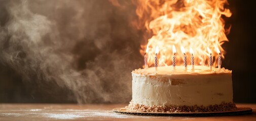 A stunning birthday cake with lit candles, engulfed in flames, showcasing a blend of celebration and chaos in a culinary masterpiece.