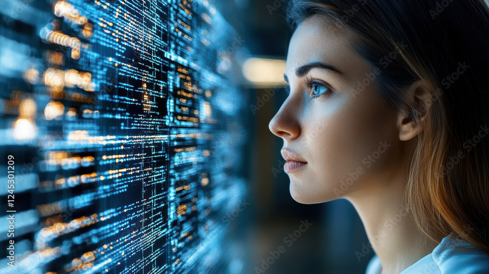 Poster focused woman gazes at digital interface displaying data and code