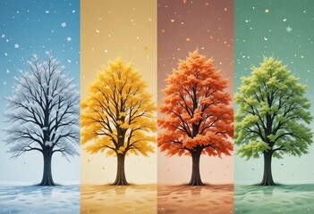 Four trees in different colors representing the four seasons against a transparent background.