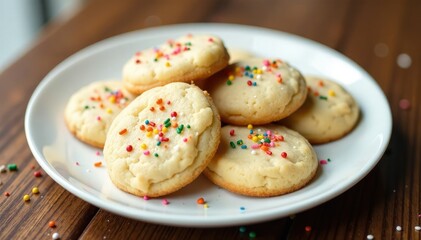 Delicate sugar cookies with sprinkles on a white plate, Dessert toppings, Holiday desserts, Plate of cookies