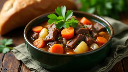 A bowl of hearty Irish stew with rye bread, showcasing rich flavors, perfect for St. Patrick’s Day celebrations.