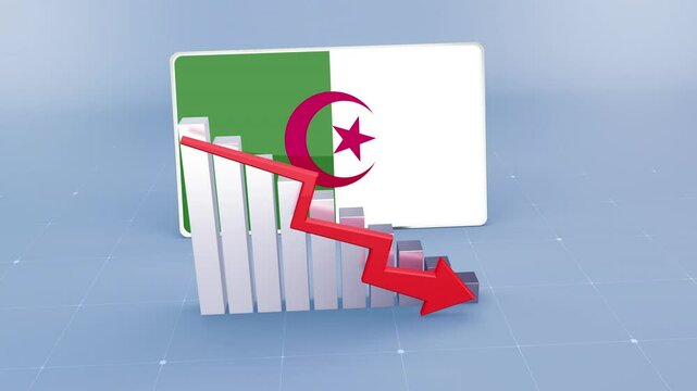 Algeria country flag and bar chart graph showing decreasing values a red arrow economic crisis concept. Flag of Algeria
