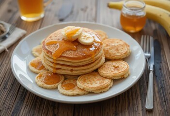 A stack of pancakes topped with sliced bananas and drizzled with honey, served with a side of additional pancakes.