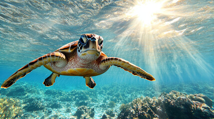Obraz premium majestic sea turtle swimming through clear ocean waters, illuminated by sunlight