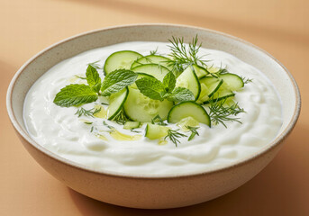 Creamy Yogurt and Cucumber Sauce Garnished with Fresh Herbs in a Bowl Highlighting Its Refreshing and Tangy Flavor