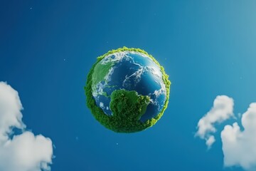 Fototapeta premium A vibrant 3D planet Earth surrounded by lush greenery and bright blue skies, symbolizing ecological health and sustainability.