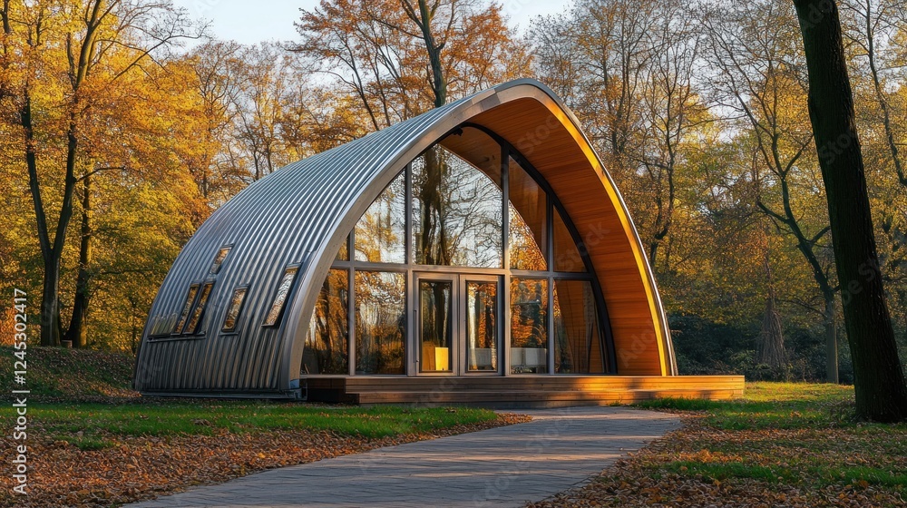 Poster a modern, curved architectural structure nestled in a colorful autumn forest.