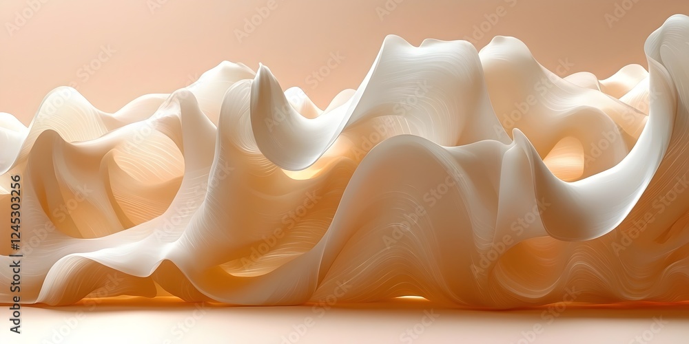 Poster an abstract wave-like sculpture in soft cream tones, evoking a sense of tranquility and fluidity, wi