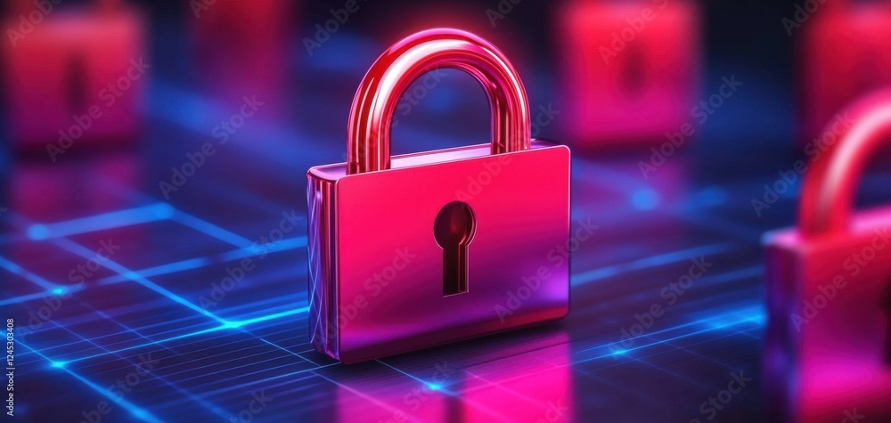 Poster a vibrant digital lock symbolizing online security and data protection in a tech-driven world, illum