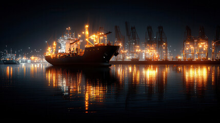 Fototapeta premium cargo ship docked at port illuminated by bright lights, reflecting on water. scene captures bustling activity of nighttime shipping