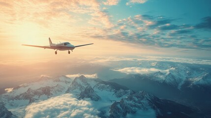 Naklejka premium Scenic Aerial View of Mountain Range Beneath Brilliantly Colored Sky at Sunrise with Aircraft Flying Above
